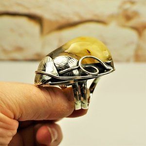BOLD AMBER SILVER ADJUSTABLE RING LEAVES DESIGN